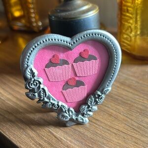 Vintage Framed Valentines Cupcakes in a Heart-Shaped Pewter Easel-Back Frame